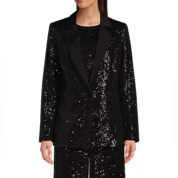 Gibson Latimer Black Sequin Knit Coordinating Long Sleeve Satin Contrast Blazer - Picture 1 of 10